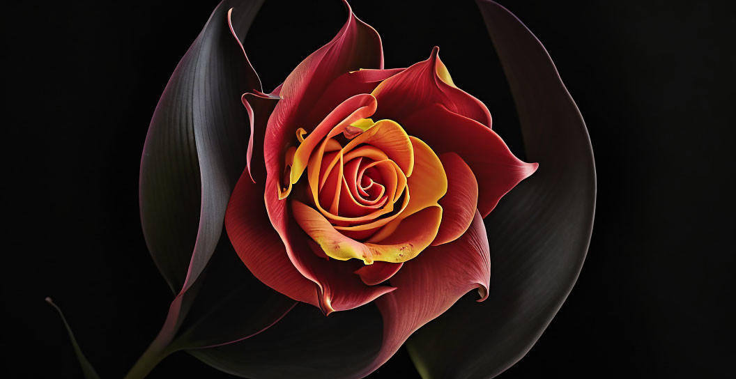 Vibrant red rose with yellow edges in full bloom on black background