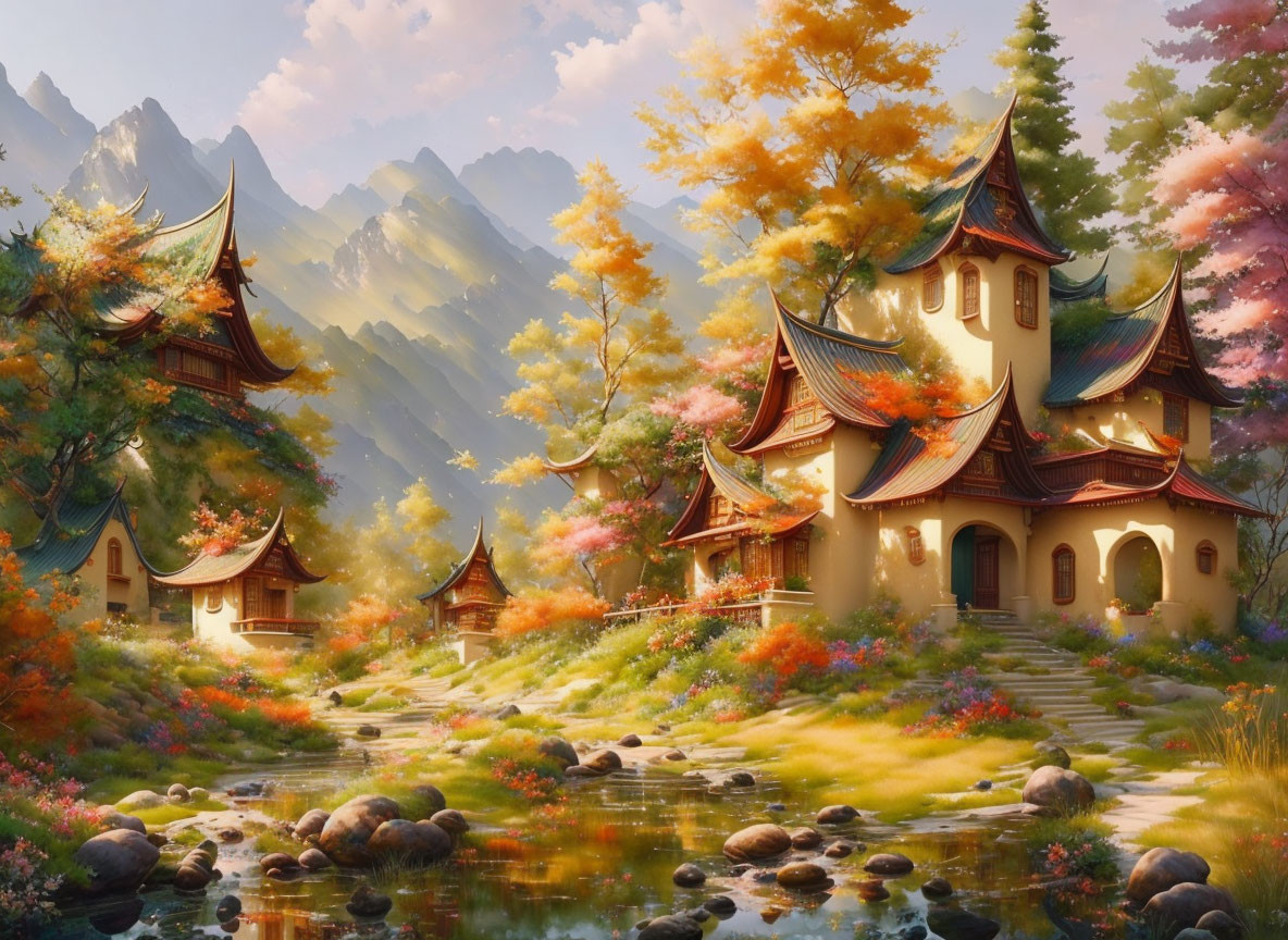 Traditional Asian Pagoda Buildings in Autumn Landscape