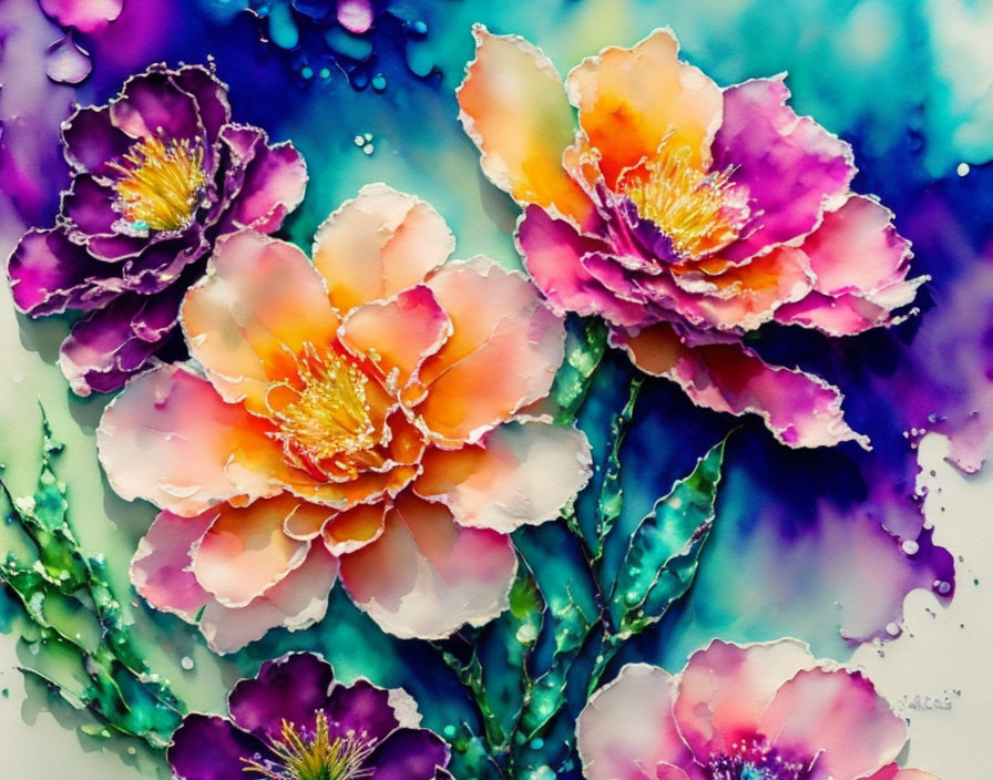 Colorful Watercolor Painting of Flowers in Purple, Orange, and Pink