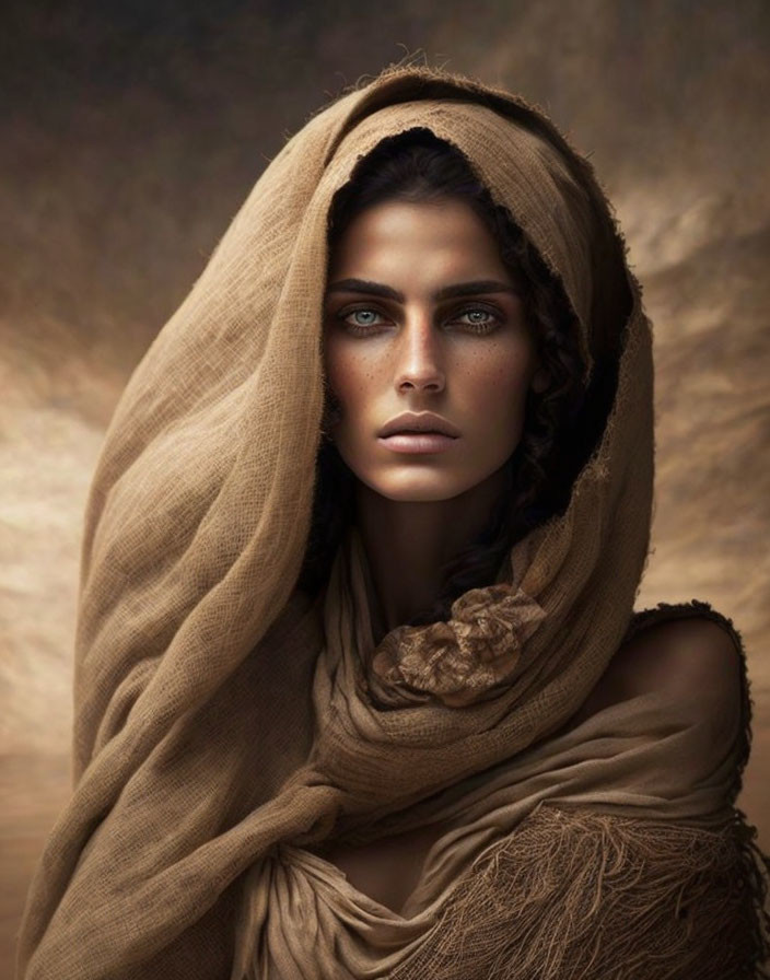 Woman with Striking Blue Eyes in Brown Textured Shawl