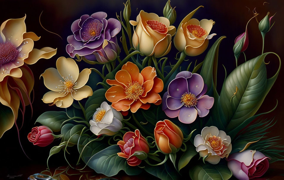 Colorful Flowers Painting on Dark Background: Detailed Petals and Leaves