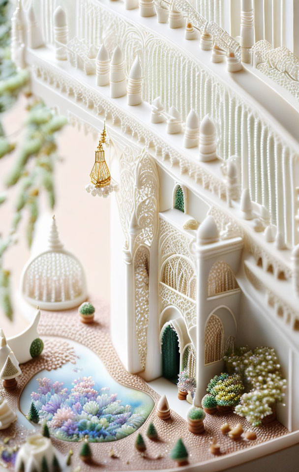 White Architectural Cake Model with Intricate Bridge Design and Floral Adornments