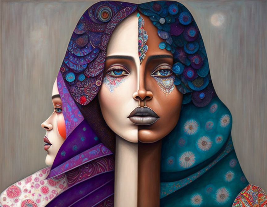 Colorful digital artwork featuring two women's profile faces with intricate headscarves and facial decorations.