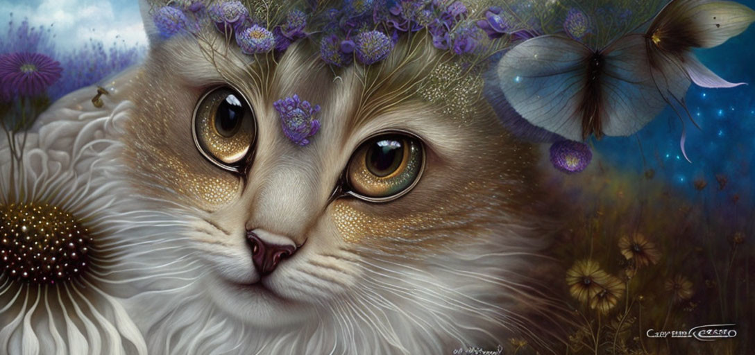 Whimsical cat illustration with expressive eyes, flowers, and butterflies