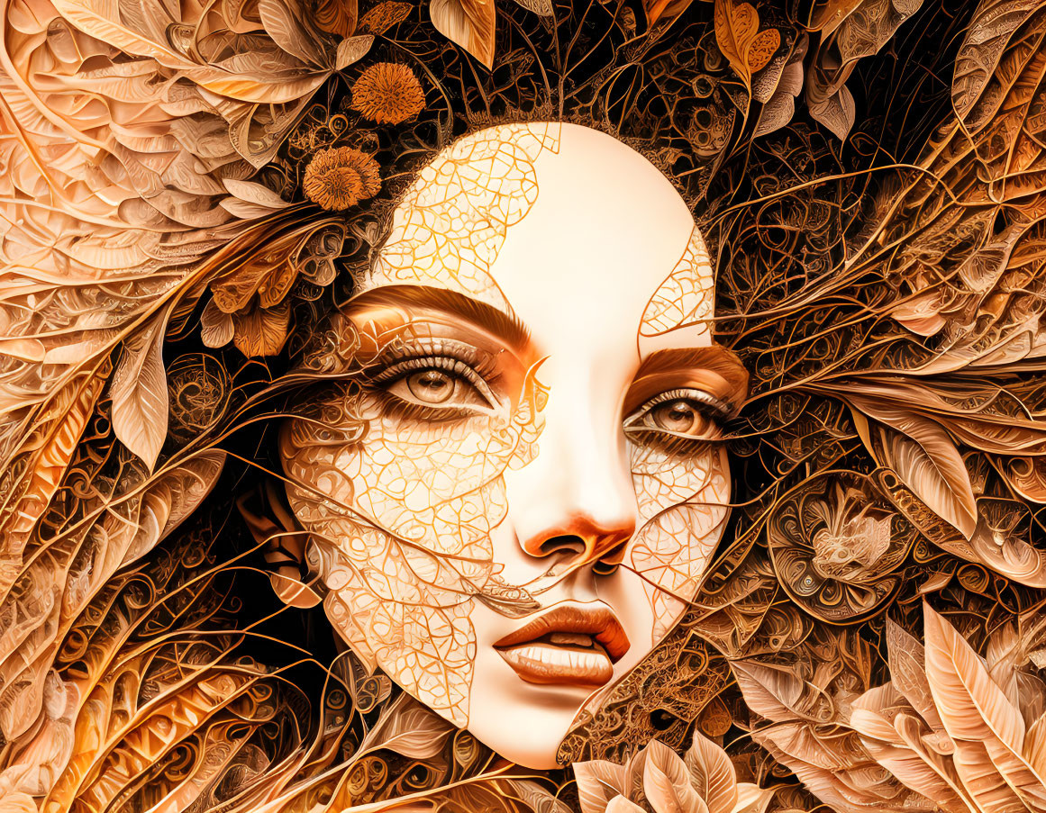 Detailed Woman's Face Illustration with Organic Patterns and Feathers in Earthy Tones