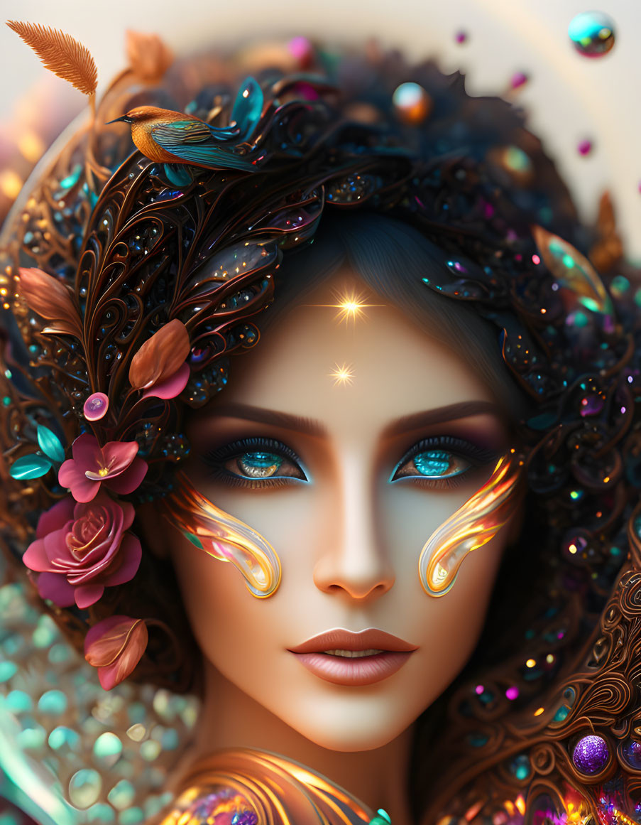 Intricate digital artwork of woman with ornate headdress