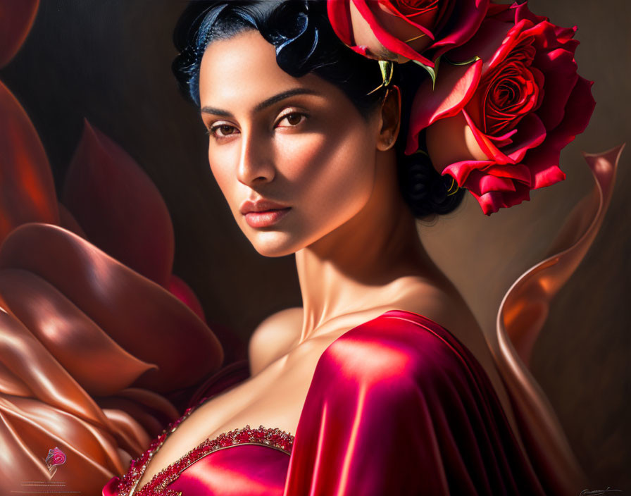 Dark-haired woman in red satin dress with roses in hair against warm backdrop