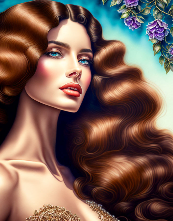 Detailed illustration of woman with curly brown hair, blue eyes, red lips, gold shoulder detail, purple