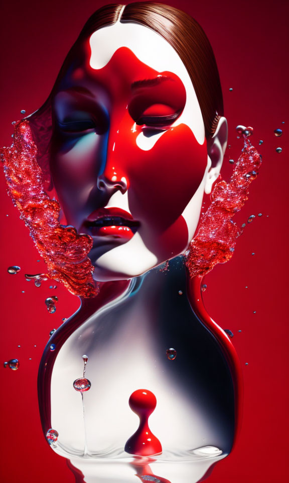 Female figure abstract art with mirrored surface, red liquid splashes, and water droplets on red background