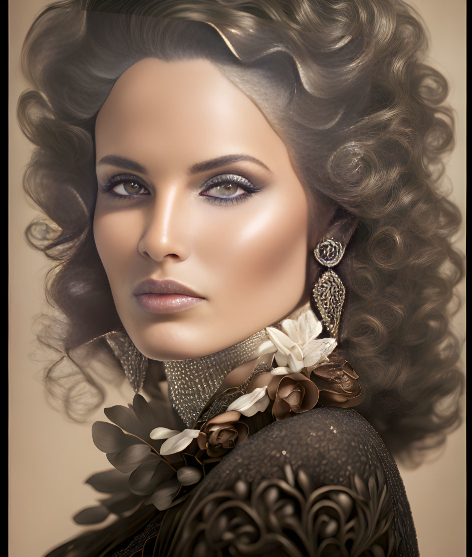 Portrait of woman with curly hair, blue eyes, ornate jewelry & floral neck accent