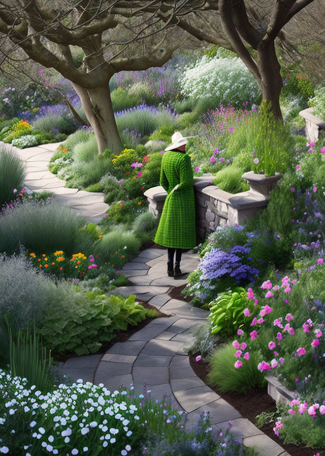 Person in Green Coat and Hat Walking on Stone Path Through Lush Gardens