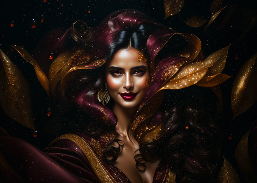 Illustrated woman in cosmic setting with golden leaves and regal vibe