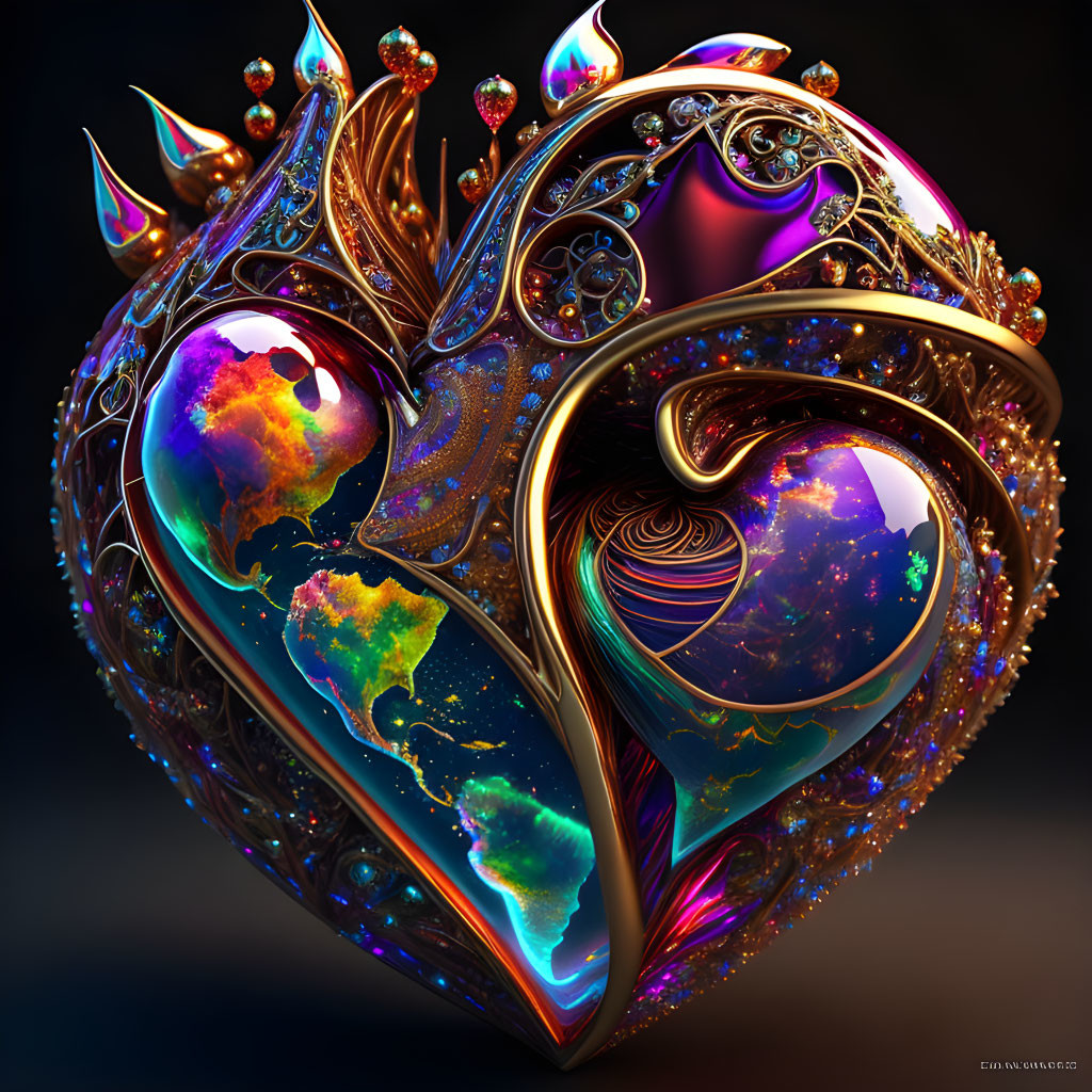 Detailed digital artwork: Ornate heart with metallic patterns, jewel accents, cosmic textures