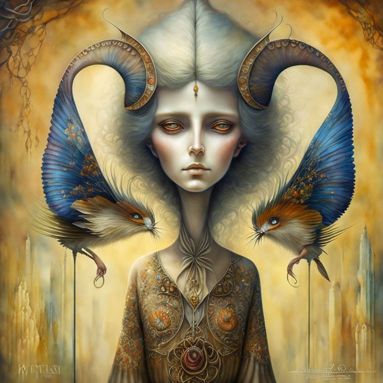 Surreal portrait of pale figure with ram horns and blue butterflies