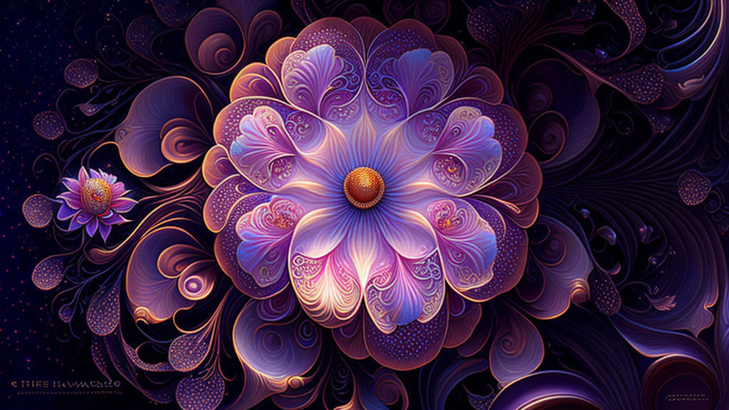 Vibrant fractal floral art in purple, blue, and gold on cosmic backdrop