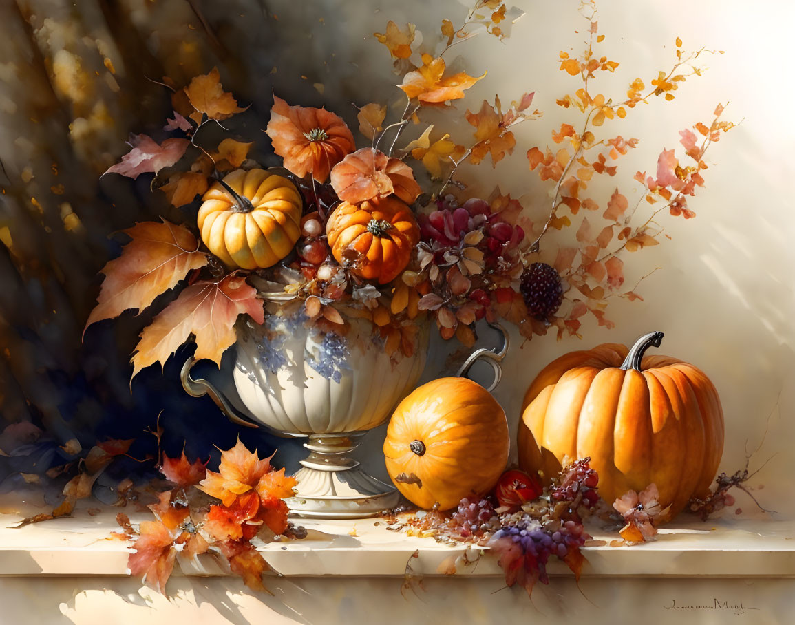 Classic still life with urn, pumpkins, grapes, and autumn leaves in golden light