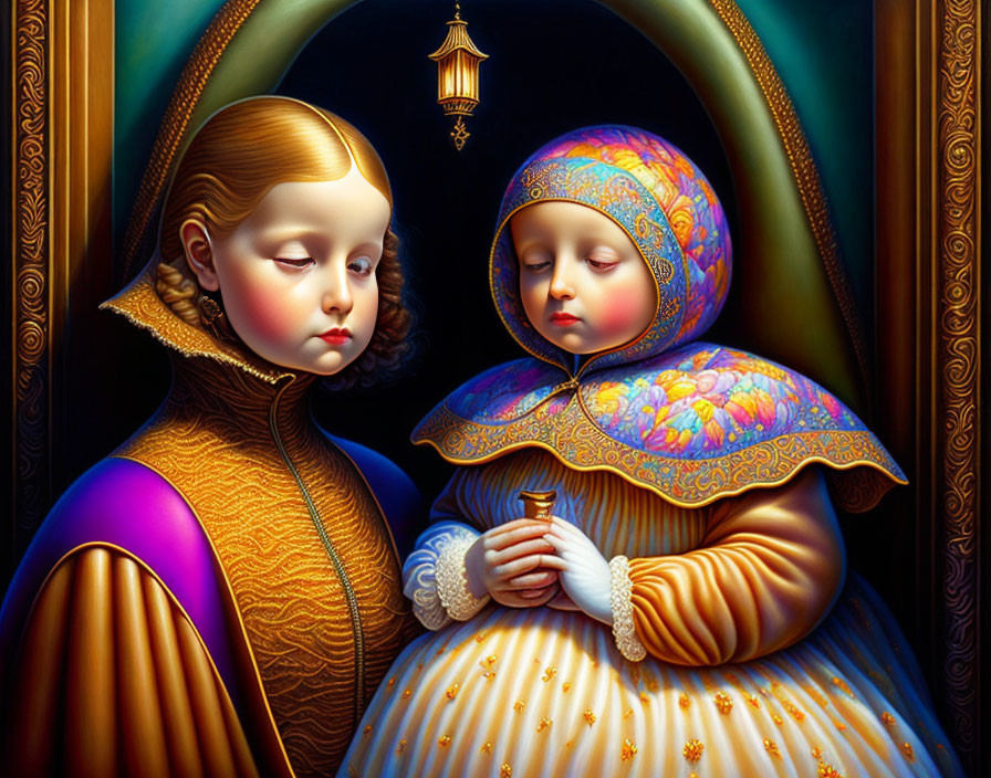 Stylized, solemn children in traditional clothing under archway with vibrant colors