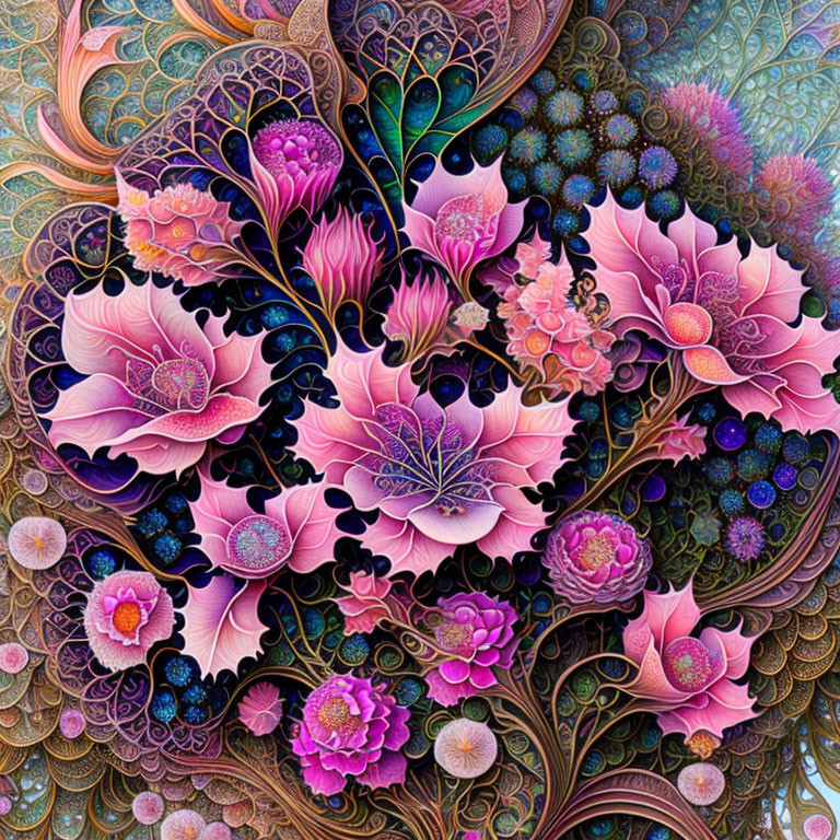 Detailed digital artwork: Pink flowers, butterfly, organic & geometric patterns