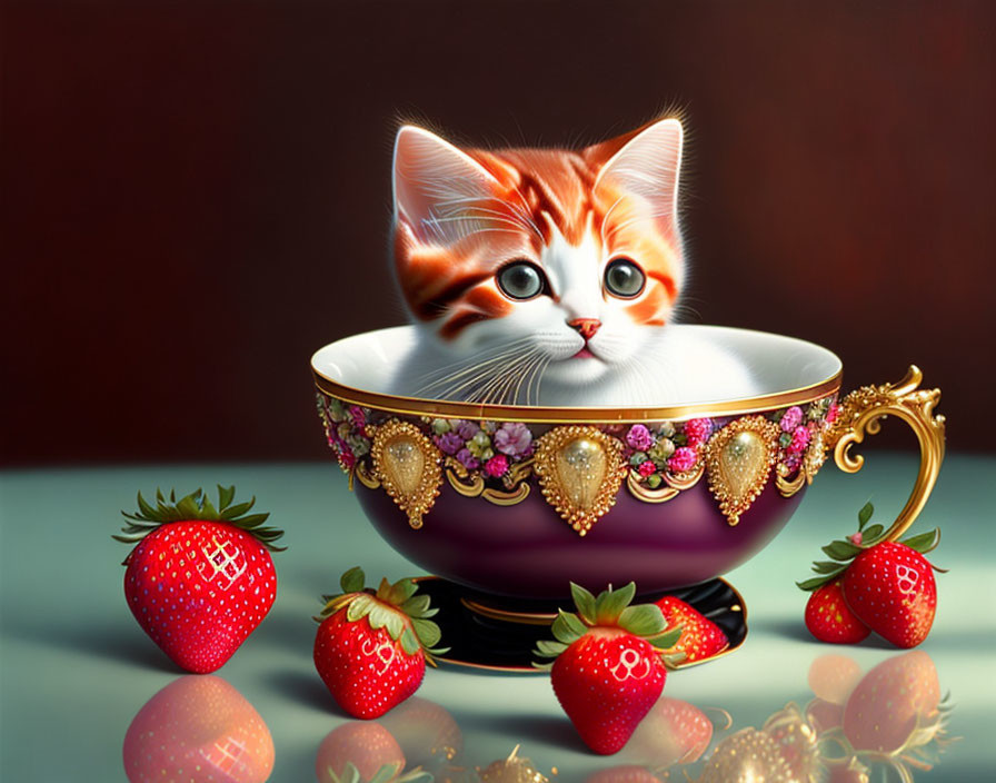 Orange and white kitten in jeweled teacup with strawberries on reflective surface