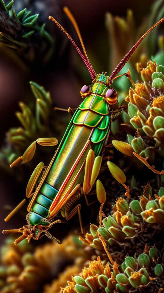 Colorful grasshopper perched on botanical elements in vibrant contrast