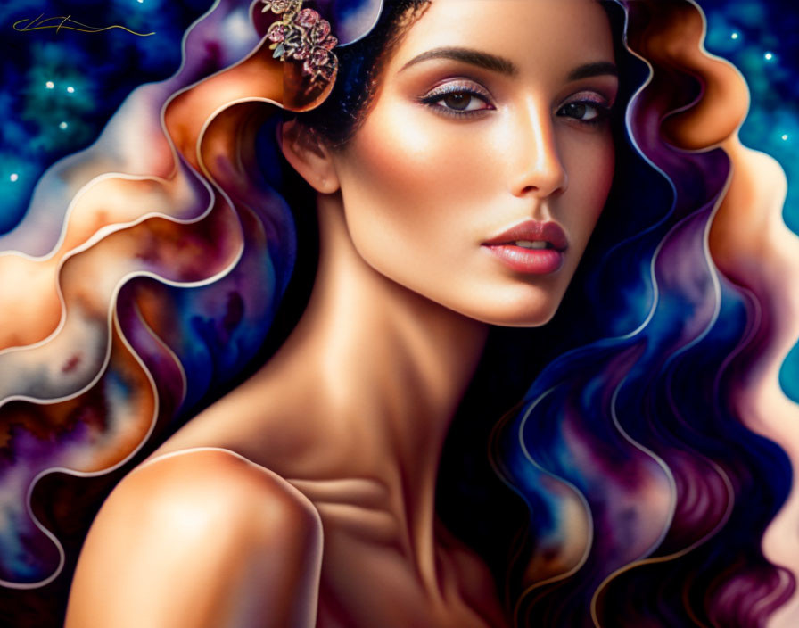 Vibrant digital illustration: Woman with flowing hair in cosmic background