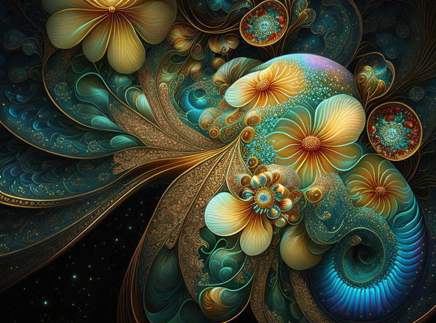 Intricate Floral and Spiral Motif Digital Art in Golden and Teal Hues