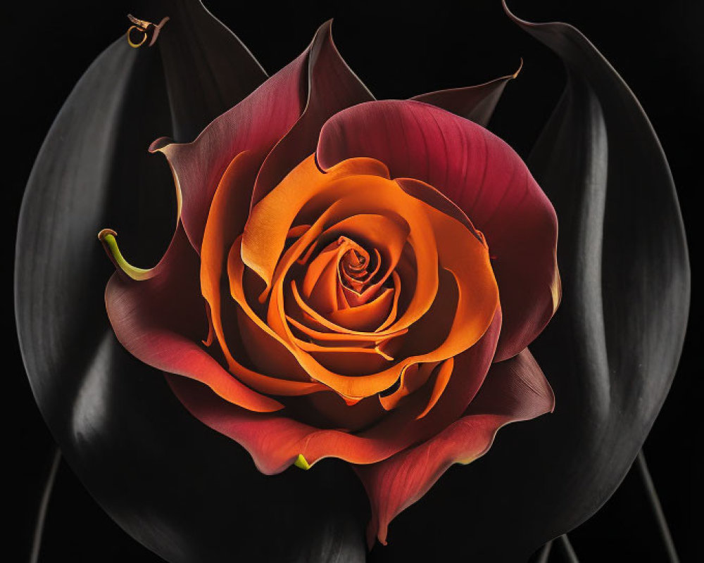 Orange Rose Contrasted with Dark Flower on Black Background