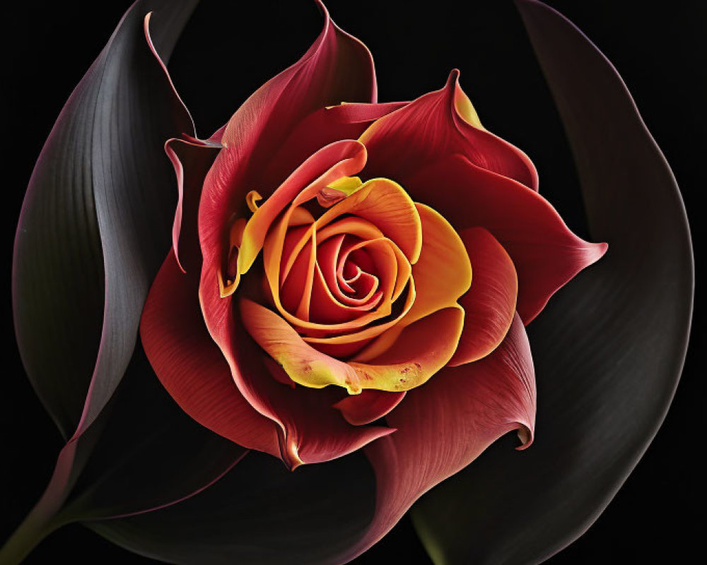 Vibrant red rose with yellow edges in full bloom on black background