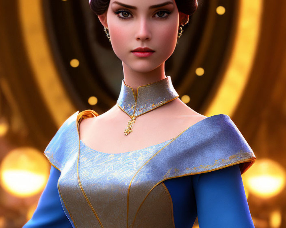 Elegant 3D-animated female character in blue dress on golden background