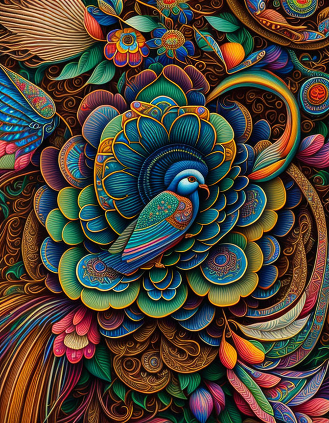 Colorful Peacock Illustration with Psychedelic Art Style