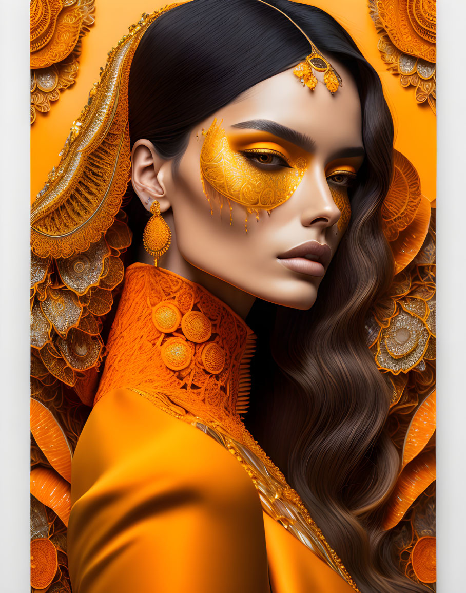 Intricate gold makeup and jewelry on woman against ornate background