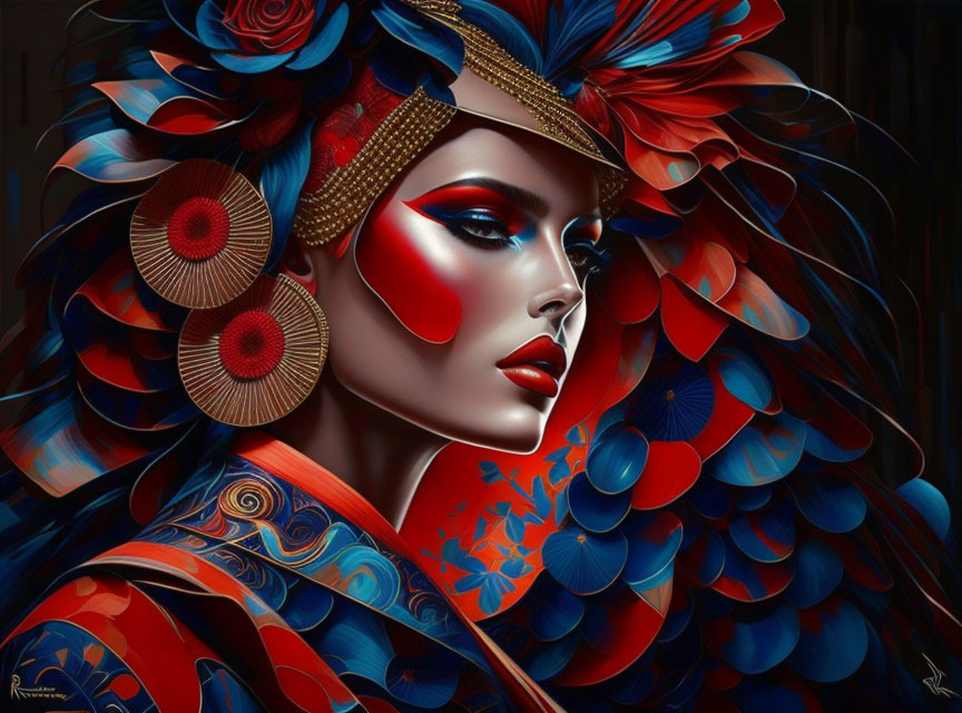 Colorful woman illustration with red makeup and feathered headdress.