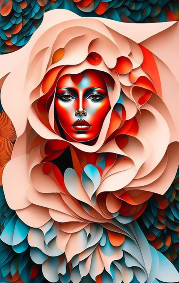 Digital Artwork: Woman's Face in Colorful Rose Petals