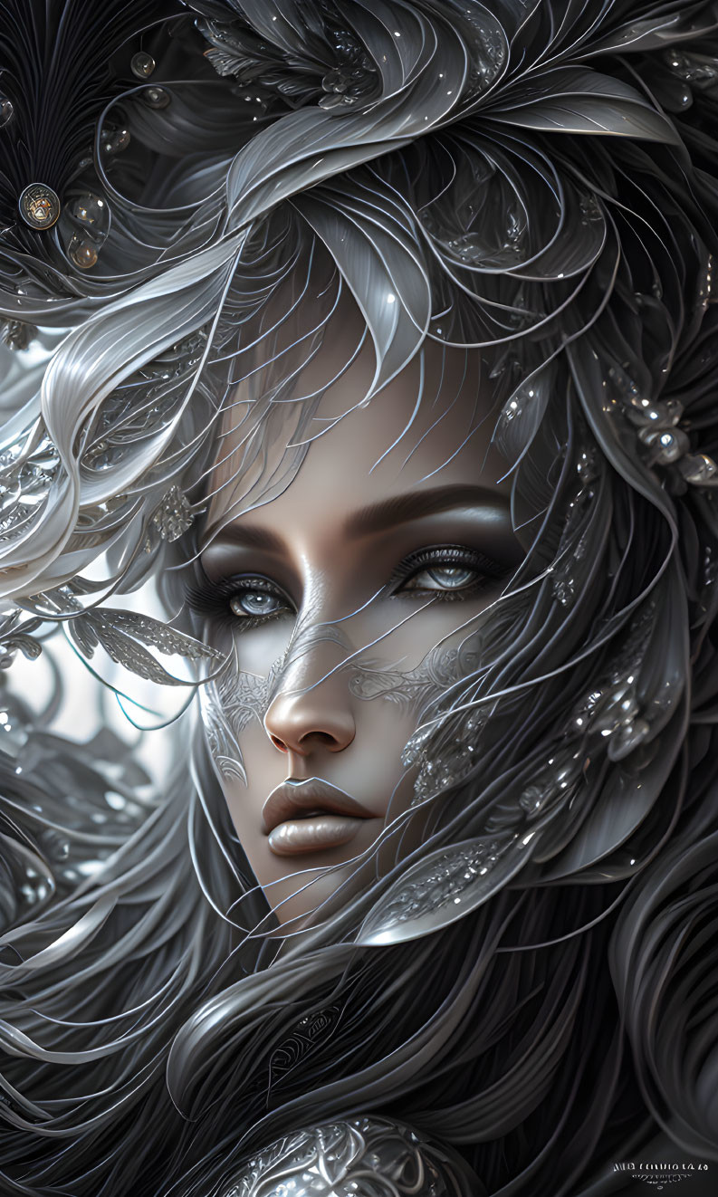 Ethereal digital portrait of a woman with silver hair & metallic details