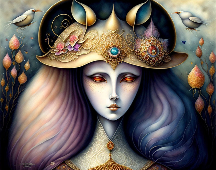 Ethereal artwork of female figure with purple hair and crescent moon headdress