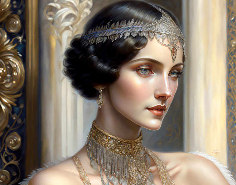 1920s style illustration of a woman with dark hair and intricate jewelry