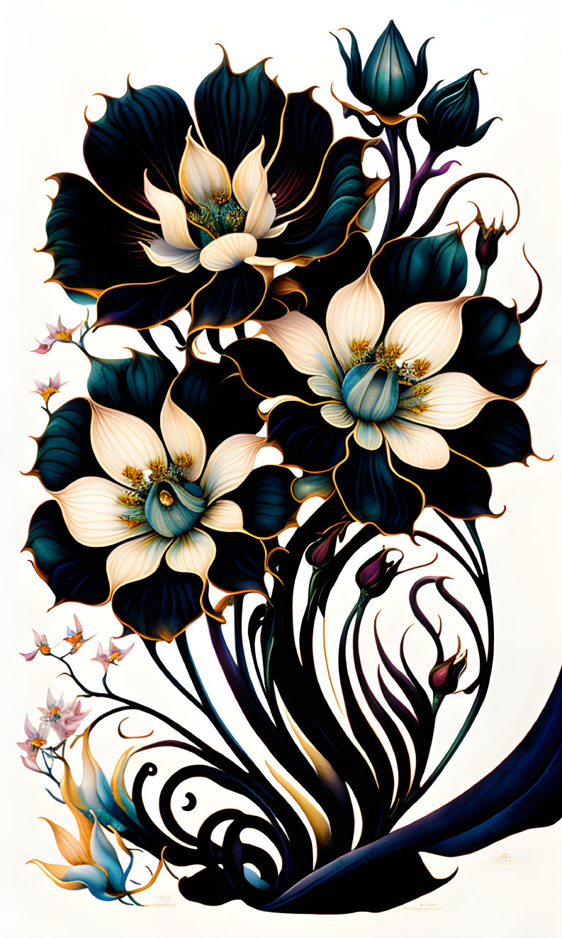 Stylized cream flowers with dark outlines on light background