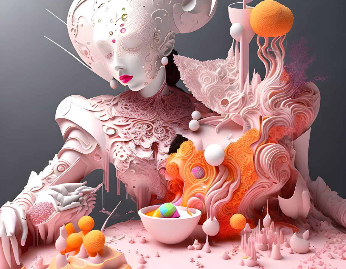 Vibrant digital artwork: surreal female figure in pink, orange, and white.