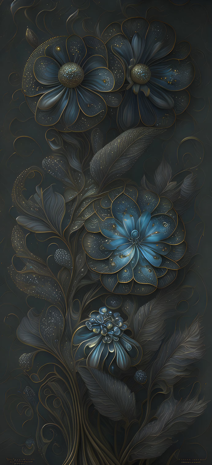 Detailed blue and gold floral illustration on dark ornate background