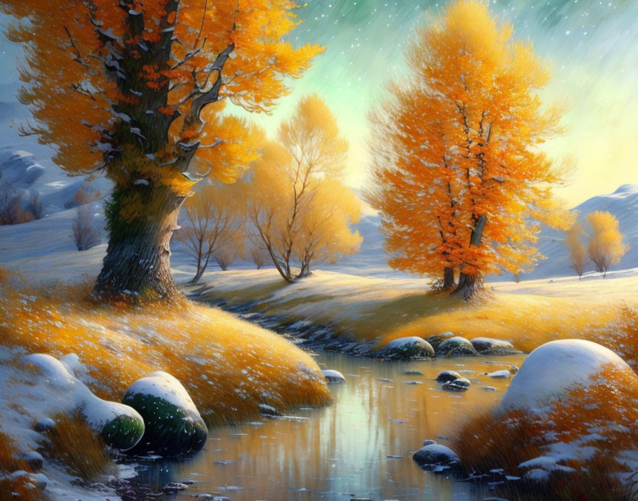 Tranquil autumn landscape with golden trees, gentle stream, and dusting of snow.