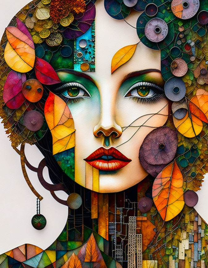 Vibrant woman's face illustration with nature and urban elements