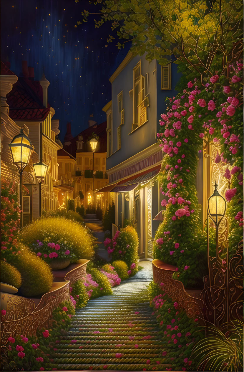 Cobblestone alley with blooming flowers and vintage street lamps at night