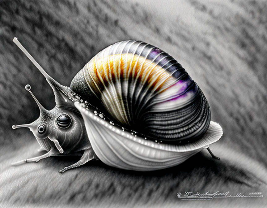 Surreal digital image: Glossy snail with iridescent shell on grey background