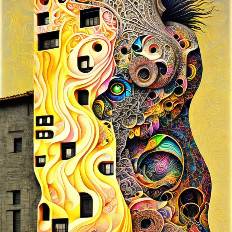 Abstract Digital Artwork with Swirling Patterns and Surreal Architecture