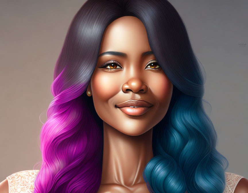 Portrait of Woman with Purple to Blue Gradient Hair and Brown Eyes in White Top