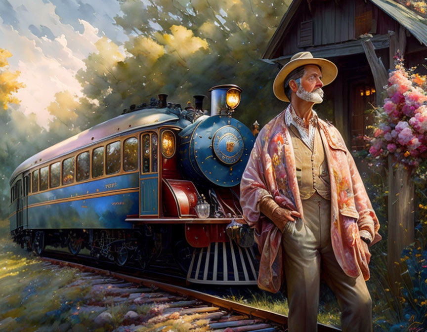 Elderly man in suit at vintage train station with lush scenery