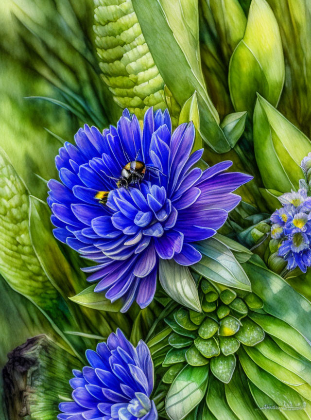 Vivid Blue Flower and Bumblebee Among Green Foliage