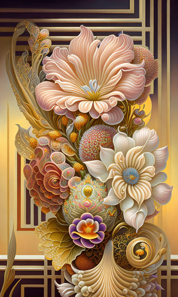 Elaborate art piece: Stylized warm tone flowers with intricate gold patterns on geometric backdrop