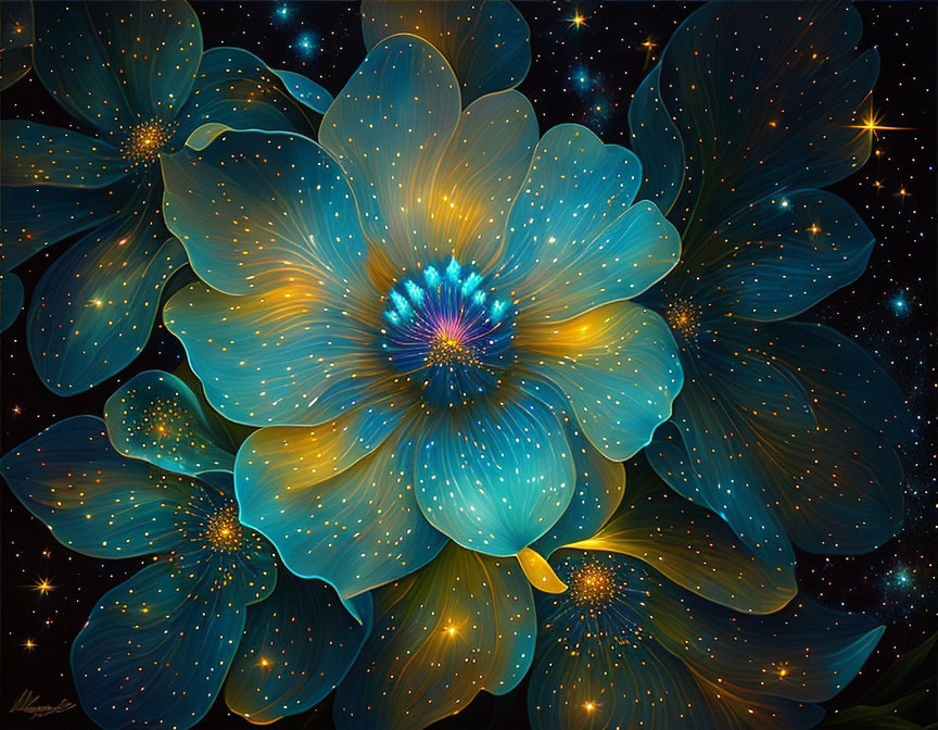 Luminescent Blue Flowers in Starry Night Sky