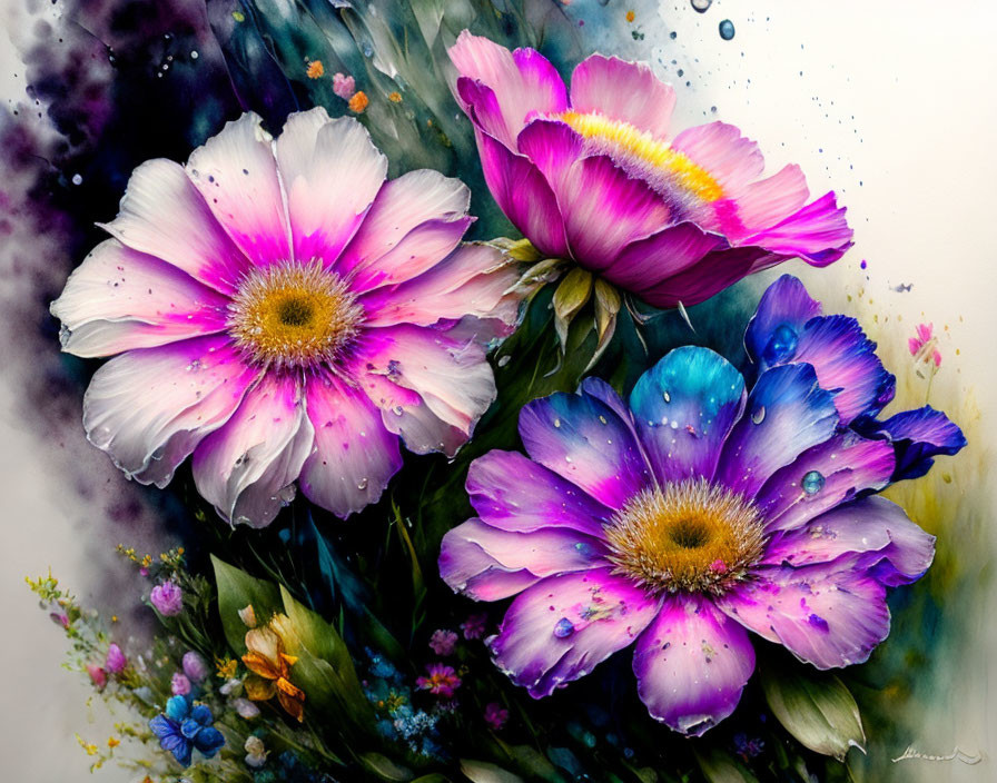 Vibrant pink and blue flowers with water droplets on misty background